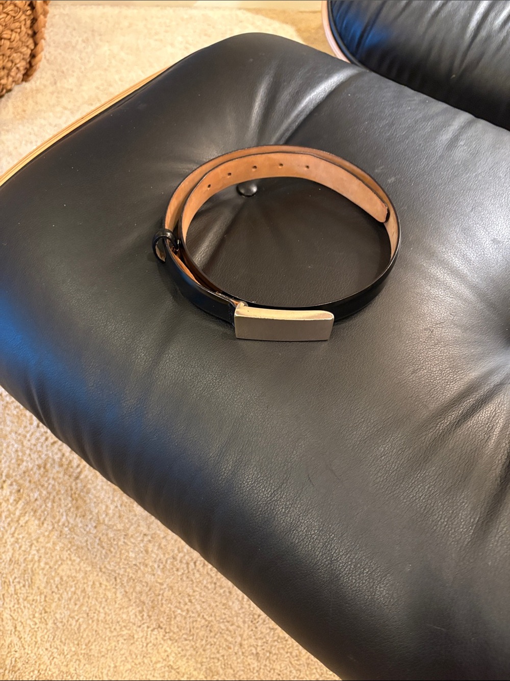 Ladies Black Leather Belt with silver buckle